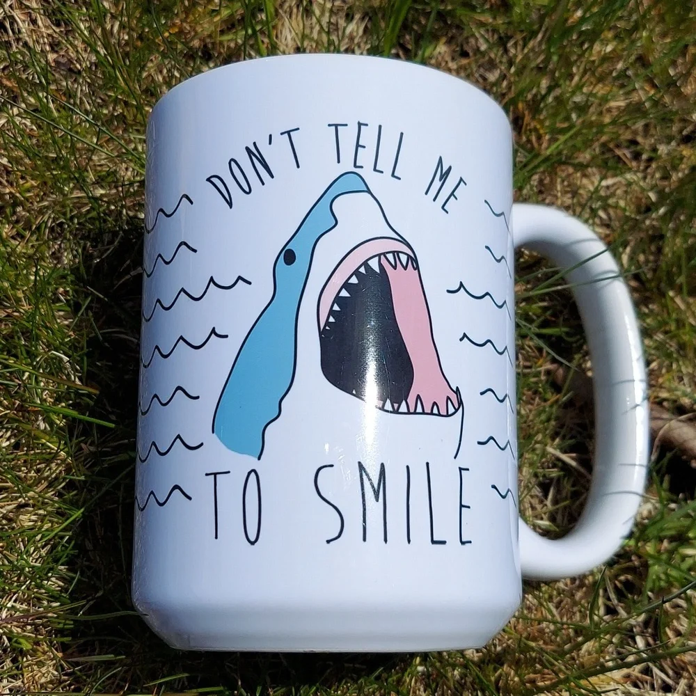 Shark Mug Don't Tell Me To Smile white gray pink coffee cup